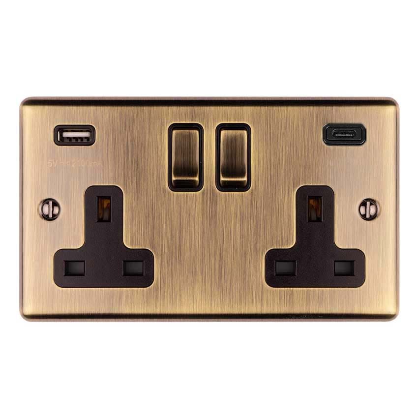 Picture of 2 Gang 13Amp Switched Socket With 3.1Amp Usb C Outlet. Antique Brass With Black Trim And Matching Rockers - EN2USBCABB