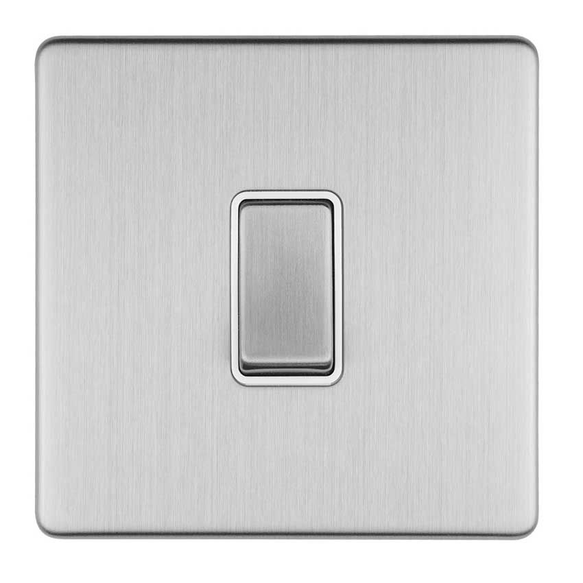 Picture of 1 Gang Intermediate Switch Flat Plate With Concealed Fixing In Satin Stainless Steel With White Trim- ECSSINTW