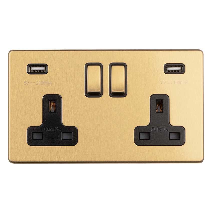Picture of 2 Gang 13Amp Dp Switched Socket With 3.1 Amp Usb Outlet Flat Concealed Satin Brass Plate Matching Rocker - ECSB2USBB