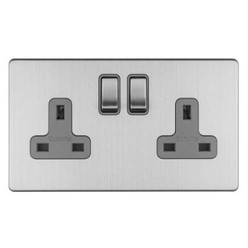 2 Gang 13Amp Dp Switched Socket In Satin Stainless Steel With Grey Trim - ECSS2SOG Picture of 2 Gang 13Amp Dp Switched Socket In Satin Stainless Steel With Grey Trim - ECSS2SOG