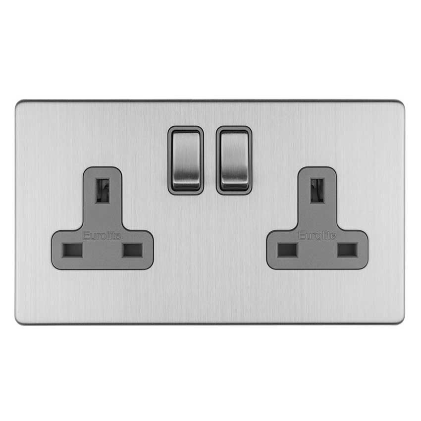 Picture of 2 Gang 13Amp Dp Switched Socket In Satin Stainless Steel With Grey Trim - ECSS2SOG