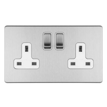2 Gang 13Amp Dp Switched Socket In Satin Stainless Steel With White Trim - ECSS2SOW Picture of 2 Gang 13Amp Dp Switched Socket In Satin Stainless Steel With White Trim - ECSS2SOW