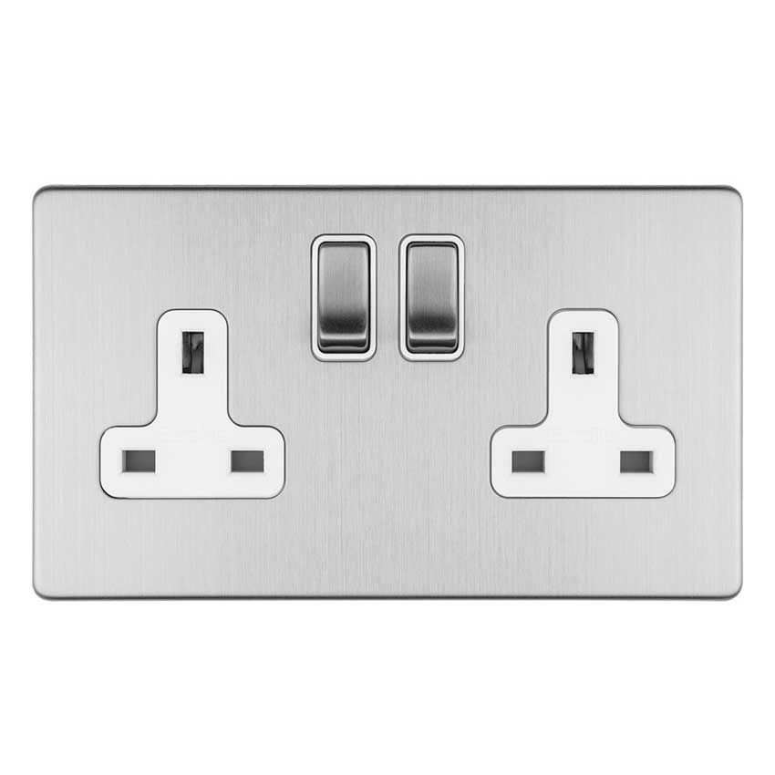 Picture of 2 Gang 13Amp Dp Switched Socket In Satin Stainless Steel With White Trim - ECSS2SOW
