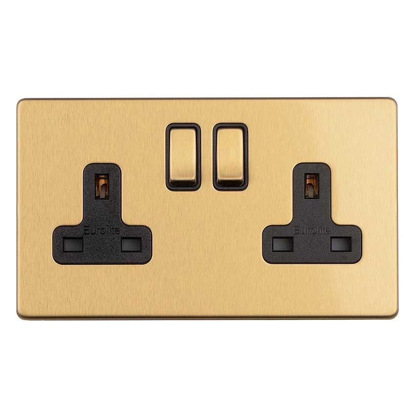 Picture of 2 Gang 13Amp Dp Switched Socket Flat Concealed Satin Brass Plate Matching Rockers - ECSB2SOB