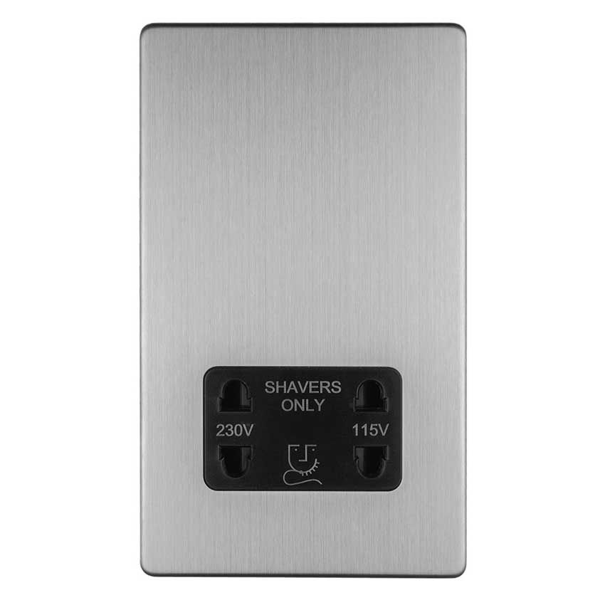 Picture of 2 Gang Shaver Socket 230/115V In Stainless Steel With Black Trim ECSSSHSB