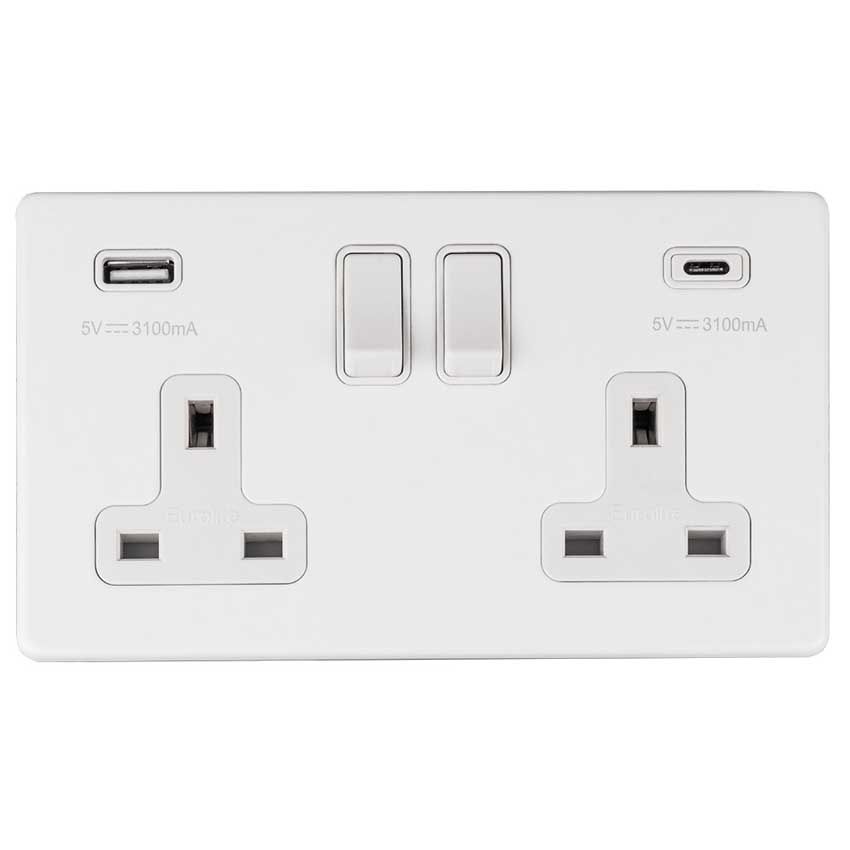 Picture of 2 Gang 13Amp Switched Socket With 2.1Amp Usb Outlet in Matt White - ECW2USBCW