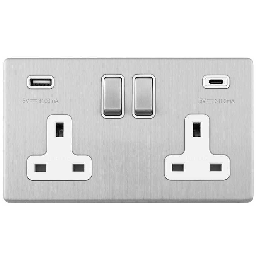 Picture of 2 Gang 13Amp Switched Socket With 2.1Amp Usb Outlet In Satin Stainless Steel With White Trim - ECSS2USBCW