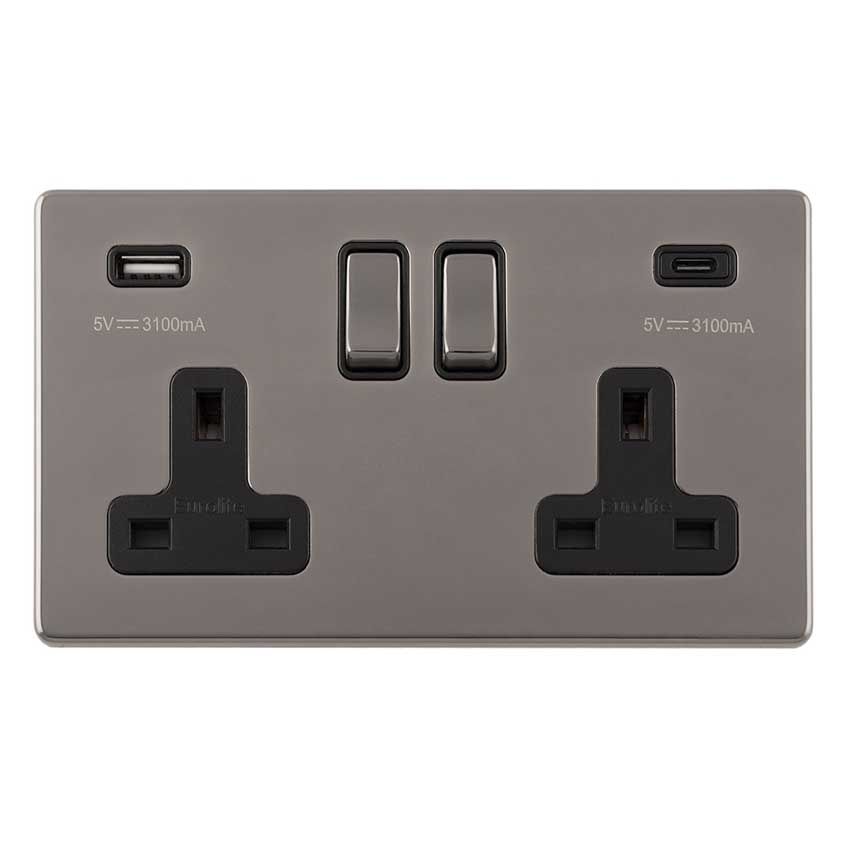 Picture of 2 Gang 13Amp Switched Socket With 2.1Amp Usb Outlet in Black Nickel - ECBN2USBCB