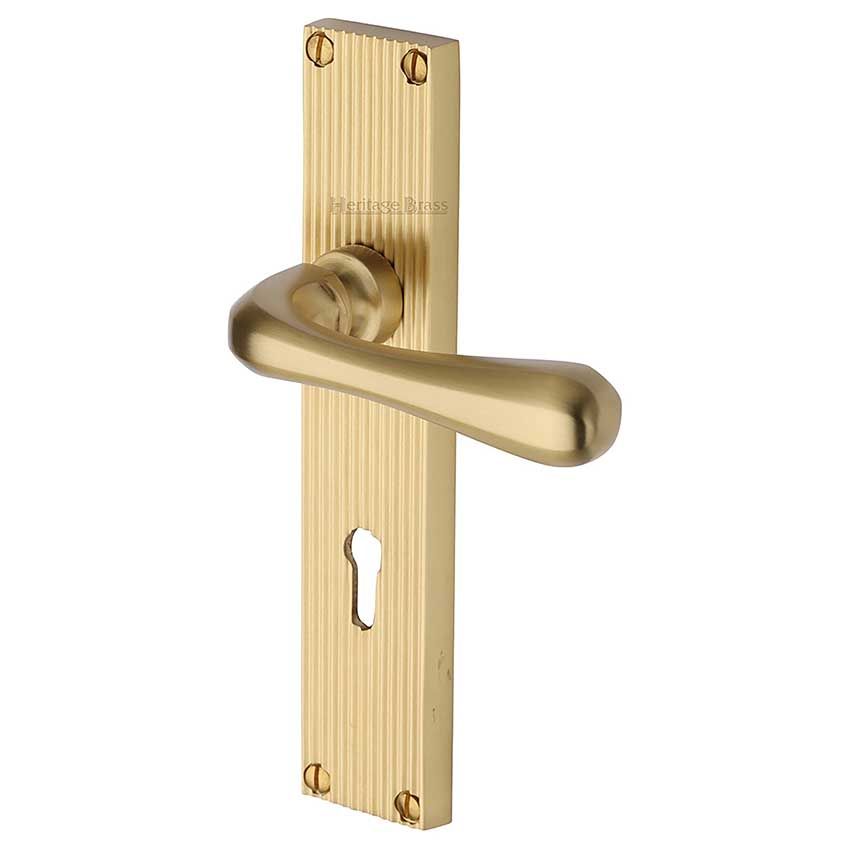Picture of Charlbury Reeded Backplate Lock Door Handles In Satin Brass Finish - RR3000-SB-EXT