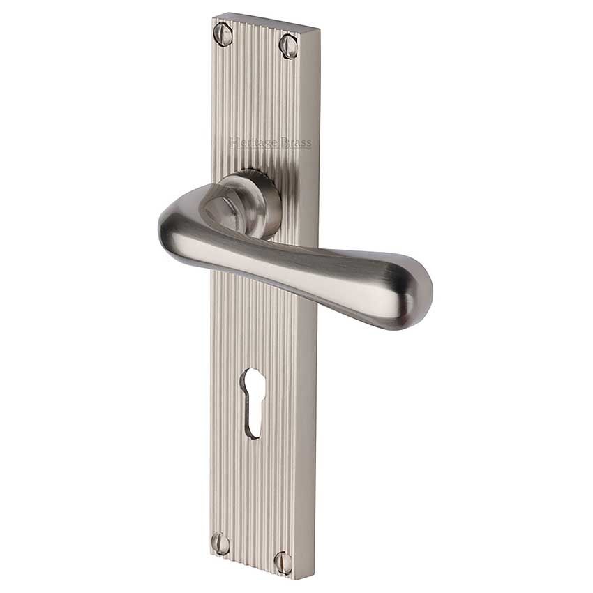 Picture of Charlbury Reeded Backplate Lock Door Handles In Satin Nickel Finish - RR3000-SN-EXT