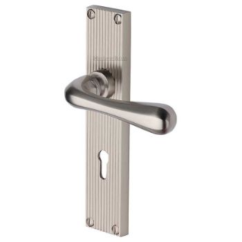 Picture of Charlbury Reeded Backplate Lock Door Handles In Satin Nickel Finish - RR3000-SN Picture of Charlbury Reeded Backplate Lock Door Handles In Satin Nickel Finish - RR3000-SN