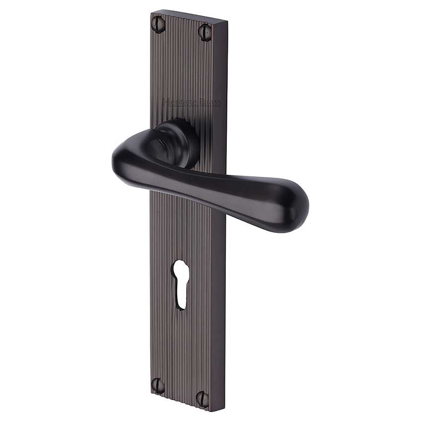 Picture of Charlbury Reeded Backplate Lock Door Handles In Matt Bronze Finish - RR3000-MB-EXT