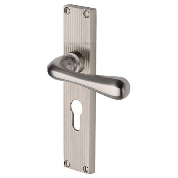 Picture of Charlbury Reeded Backplate Euro Profile Door Handles In Satin Nickel Finish - RR3048-SN Picture of Charlbury Reeded Backplate Euro Profile Door Handles In Satin Nickel Finish - RR3048-SN