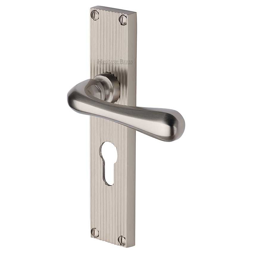 Picture of Charlbury Reeded Backplate Euro Profile Door Handles In Satin Nickel Finish - RR3048-SN