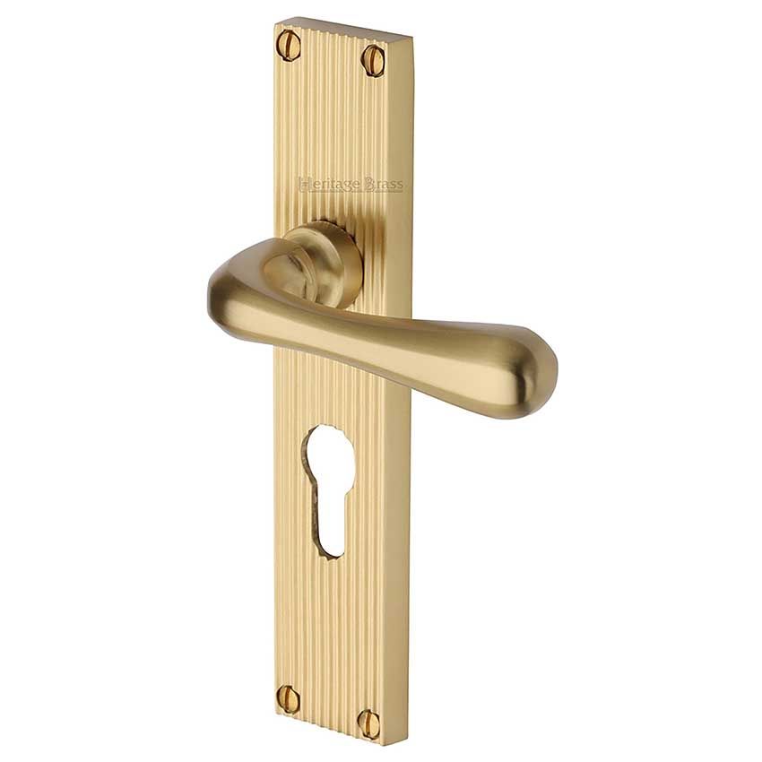 Picture of Charlbury Reeded Backplate Euro Profile Door Handles In Satin Brass Finish - RR3048-SB