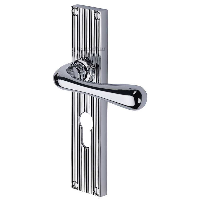 Picture of Charlbury Reeded Backplate Euro Profile Door Handles In Polished Chrome Finish - RR3048-PC