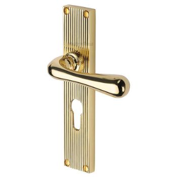 Picture of Charlbury Reeded Backplate Euro Profile Door Handles In Polished Brass Finish - RR3048-PB Picture of Charlbury Reeded Backplate Euro Profile Door Handles In Polished Brass Finish - RR3048-PB