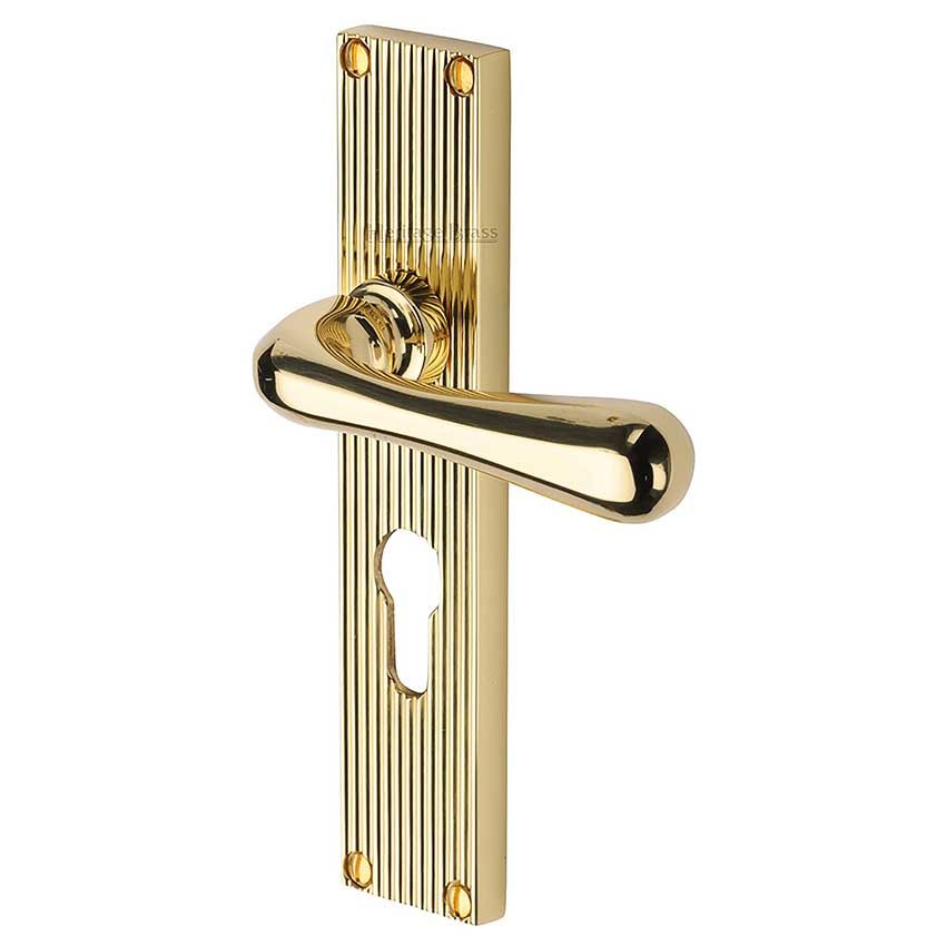 Picture of Charlbury Reeded Backplate Euro Profile Door Handles In Polished Brass Finish - RR3048-PB