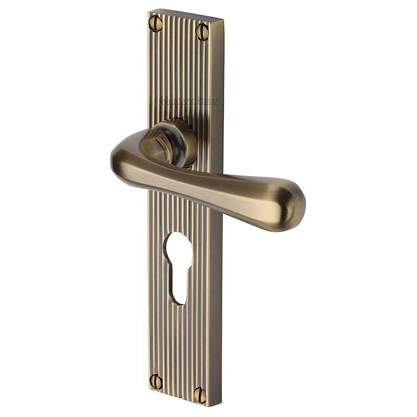 Picture of Charlbury Reeded Backplate Euro Profile Door Handles In Antique Brass Finish - RR3048-AT