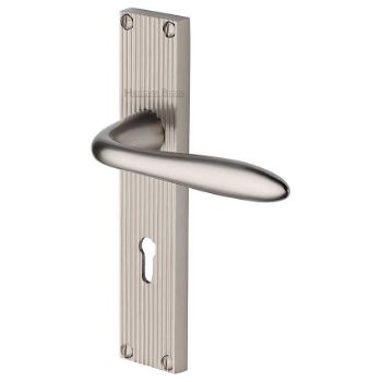 Picture of Sutton Reeded Backplate Lock Door Handles In Satin Nickel Finish - RR5000-SN Picture of Sutton Reeded Backplate Lock Door Handles In Satin Nickel Finish - RR5000-SN