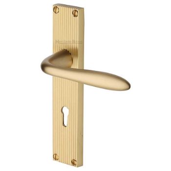Picture of Sutton Reeded Backplate Lock Door Handles In Satin Brass Finish - RR5000-SB Picture of Sutton Reeded Backplate Lock Door Handles In Satin Brass Finish - RR5000-SB