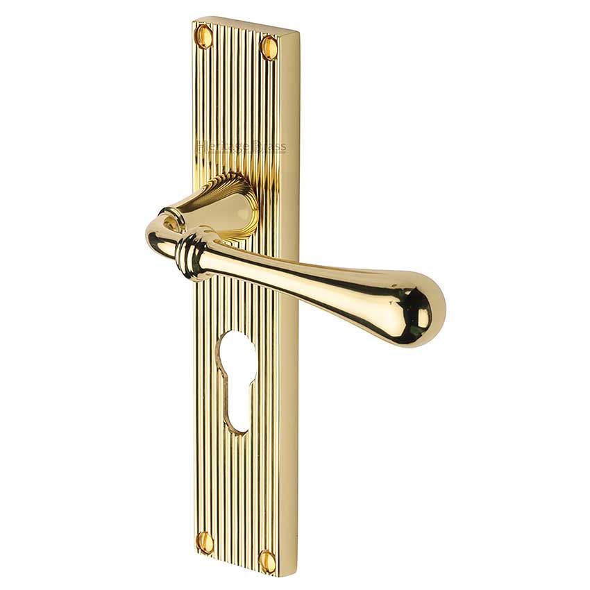 Picture of Roma Reeded Backplate Euro Profile Door Handles In Polished Brass Finish - RR6048-PB