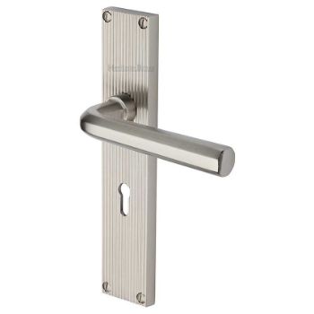 Picture of Octave Reeded Backplate Lock Door Handles In Satin Nickel Finish - RR3700-SN Picture of Octave Reeded Backplate Lock Door Handles In Satin Nickel Finish - RR3700-SN