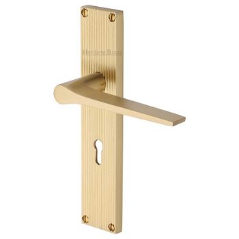 Picture of Gio Reeded Lock Door Handles In Satin Brass Finish - RR4700-SB Picture of Gio Reeded Lock Door Handles In Satin Brass Finish - RR4700-SB