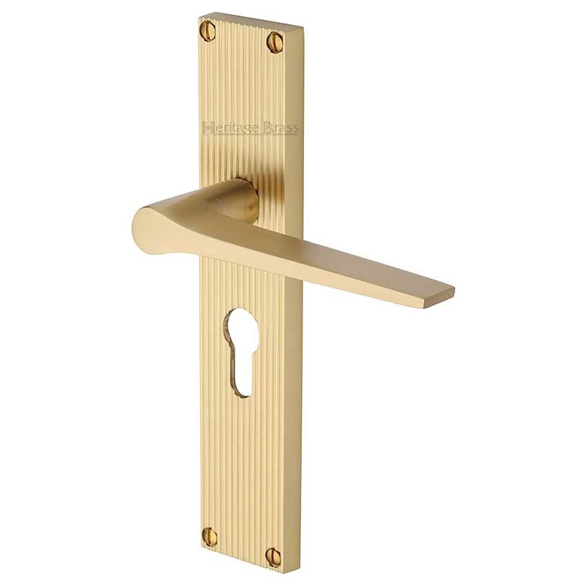 Picture of Gio Reeded Euro Profile Door Handles In Satin Brass Finish - RR4748-SB