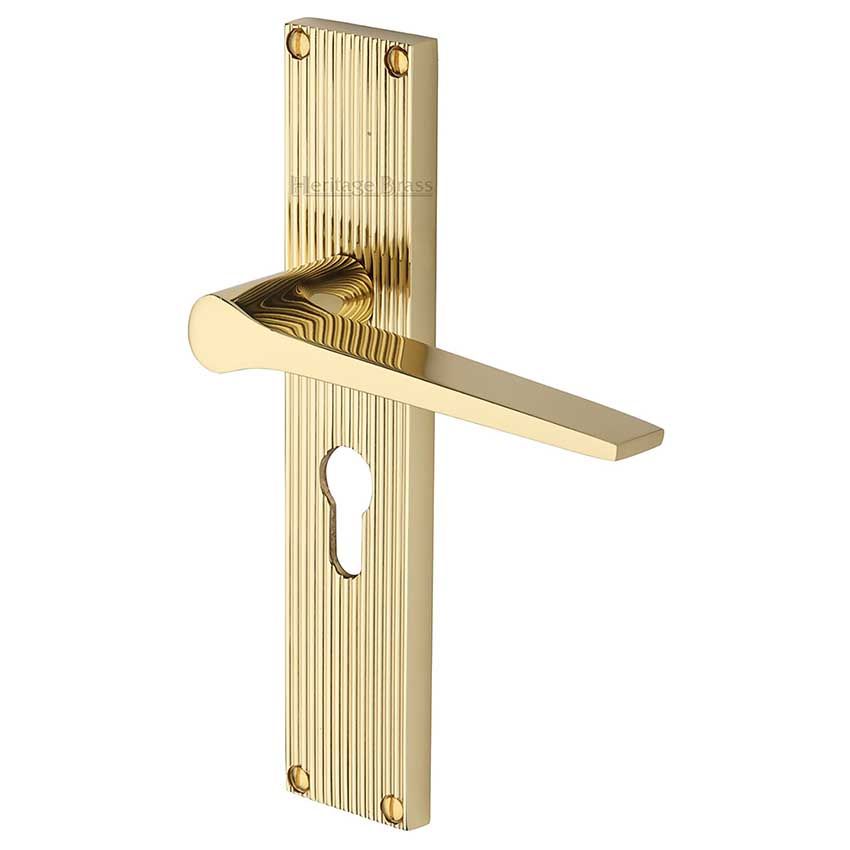 Picture of Gio Reeded Euro Profile Door Handles In Polished Brass Finish - RR4748-PB