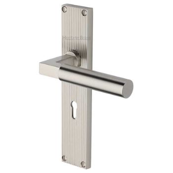 Picture of Bauhaus Reeded Backplate Lock Door Handles In Satin Nickel Finish - RR7300-SN Picture of Bauhaus Reeded Backplate Lock Door Handles In Satin Nickel Finish - RR7300-SN