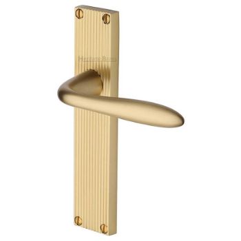 Picture of Sutton Reeded Backplate Latch Door Handles In Satin Brass Finish - RR5010-SB Picture of Sutton Reeded Backplate Latch Door Handles In Satin Brass Finish - RR5010-SB