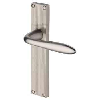 Picture of Sutton Reeded Backplate Latch Door Handles In Satin Nickel Finish - RR5010-SN Picture of Sutton Reeded Backplate Latch Door Handles In Satin Nickel Finish - RR5010-SN