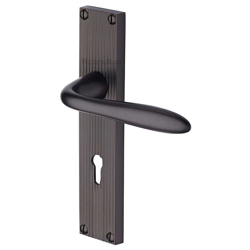 Picture of Sutton Reeded Backplate Lock Door Handles In Matt Bronze Finish - RR5000-MB-EXT