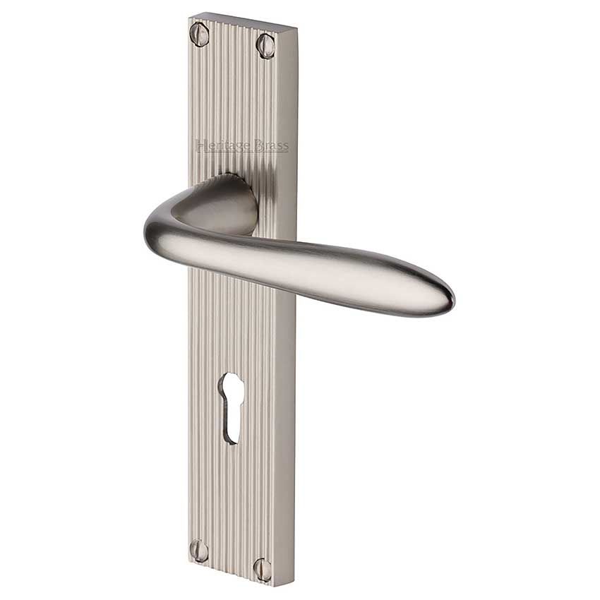 Picture of Sutton Reeded Backplate Lock Door Handles In Satin Nickel Finish - RR5000-SN-EXT