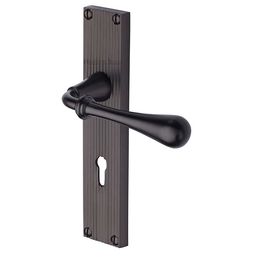 Picture of Roma Reeded Backplate Lock Door Handles In Matt Bronze Finish - RR6000-MB-EXT