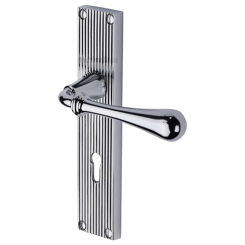 Picture of Roma Reeded Lock Door Handles In Polished Chrome Finish - RR6000-PC-EXT