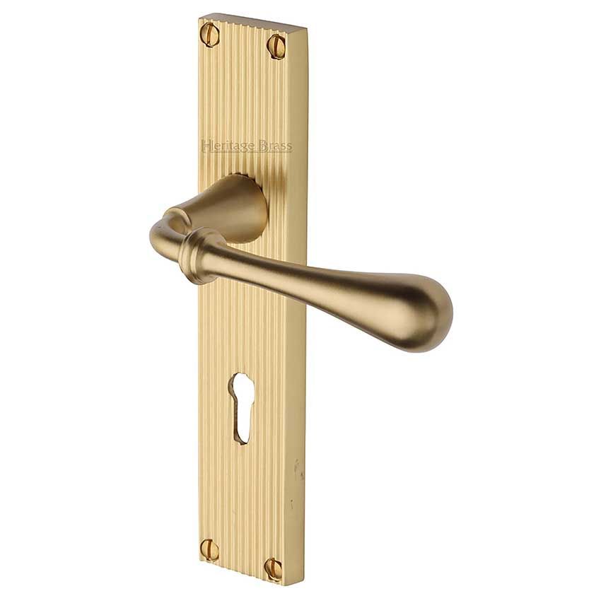 Picture of Roma Reeded Backplate Lock Door Handles In Satin Brass Finish - RR6000-SB-EXT