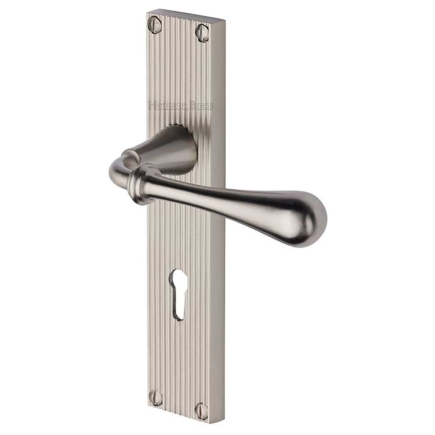 Picture of Roma Reeded Backplate Lock Door Handles In Satin Nickel Finish - RR6000-SN-EXT