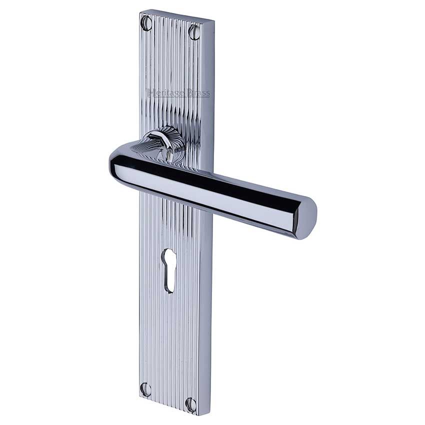 Picture of Octave Reeded Backplate Lock Door Handles In Polished Chrome Finish - RR3700-PC-EXT