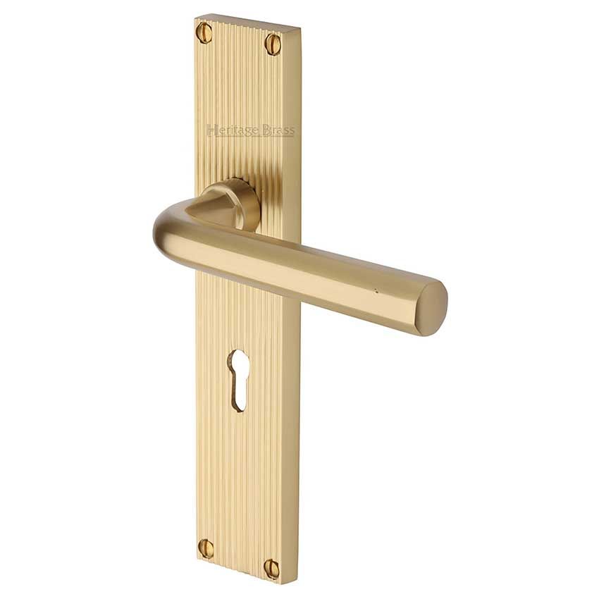 Picture of Octave Reeded Backplate Lock Door Handles In Satin Brass Finish - RR3700-SB-EXT
