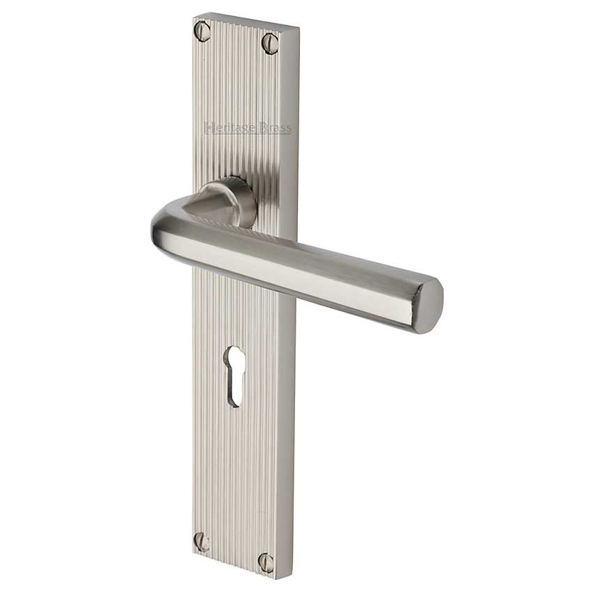 Picture of Octave Reeded Backplate Lock Door Handles In Satin Nickel Finish - RR3700-SN-EXT