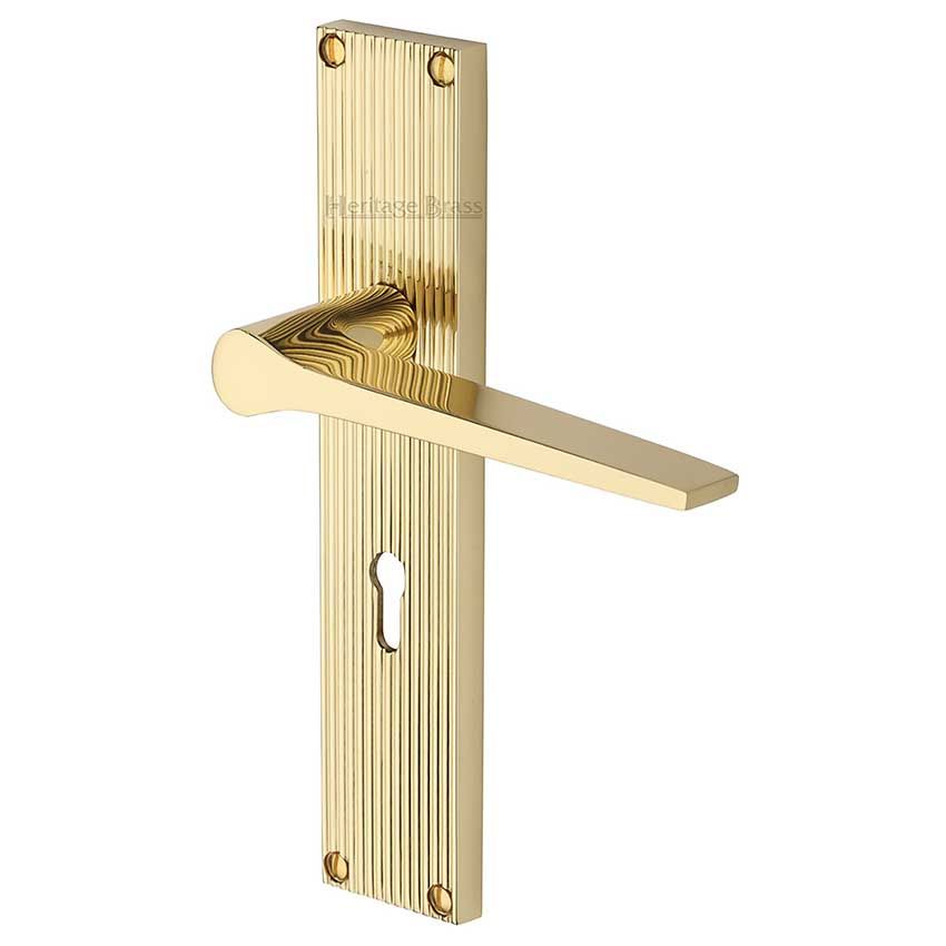 Picture of Gio Reeded Backplate Lock Door Handles In Polished Brass Finish - RR4700-PB-EXT