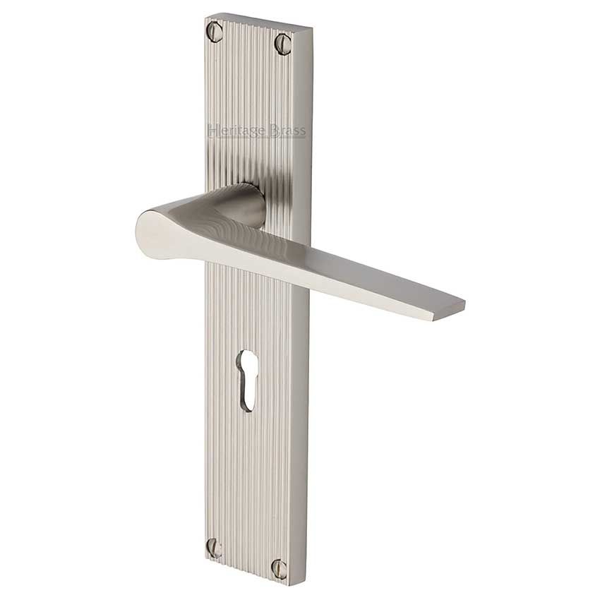 Picture of Gio Reeded Lock Door Handles In Satin Nickel Finish - RR4700-SN-EXT