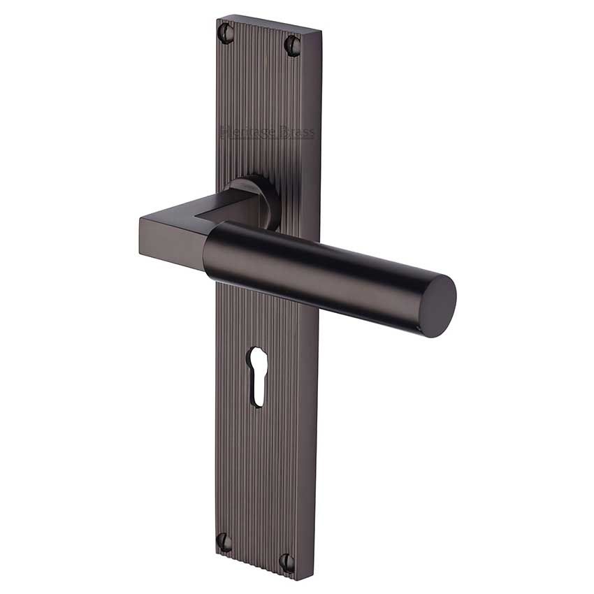 Picture of Bauhaus Reeded Backplate Lock Door Handles In Matt Bronze Finish - RR7300-MB-EXT