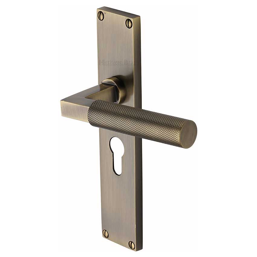 Picture of Bauhaus Knurled Euro Profile Door Handles In Antique Brass Finish - VT9348-AT