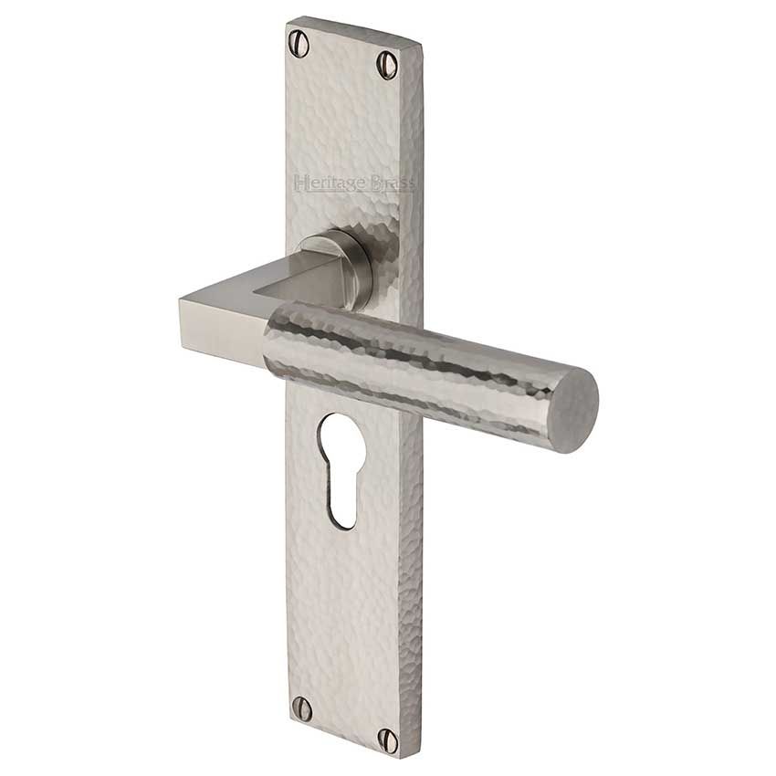 Picture of Bauhaus Hammered Euro Profile Door Handles In Satin Nickel Finish - VTH4348-SN