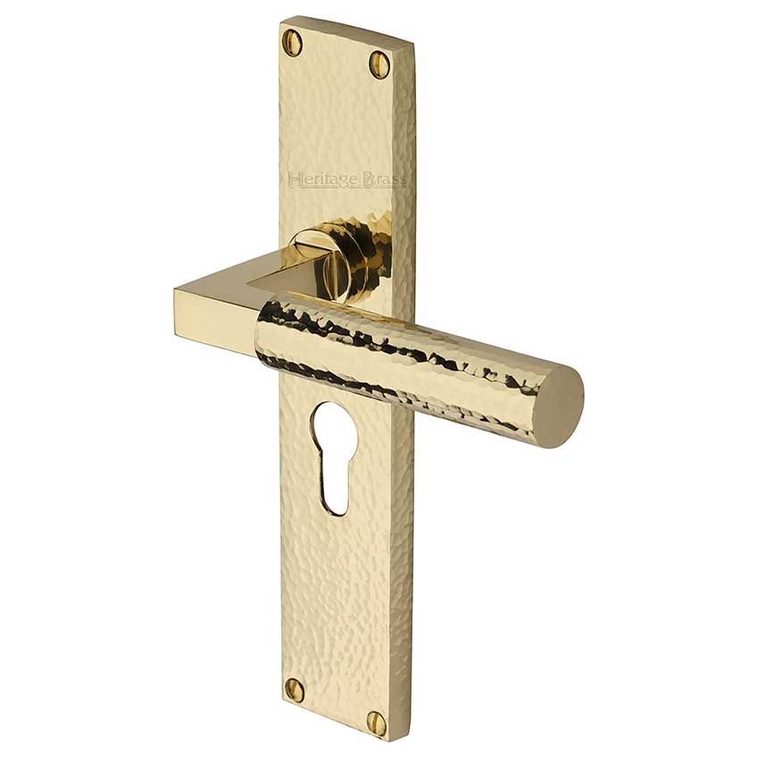 Picture of Bauhaus Hammered Euro Profile Door Handles In Polished Brass Finish - VTH4348-PB