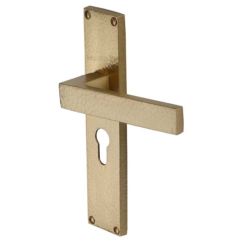 Picture of Delta Hammered Euro Profile Door Handles In Satin Brass Finish - VTH3348-SB