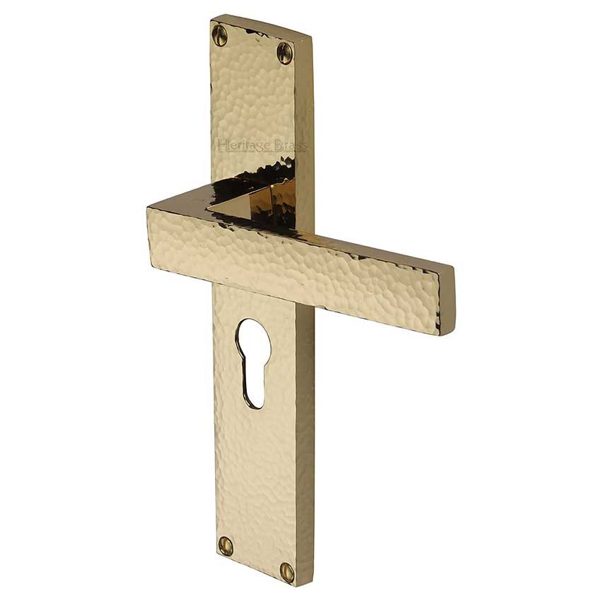 Picture of Delta Hammered Euro Profile Door Handles In Polished Brass Finish - VTH3348-PB